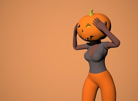 ck girl with a pumpkin on her head on an orange background 3d-rendering.