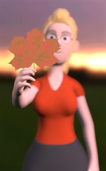 a girl with a large maple leaf in her hands 3d-rendering.