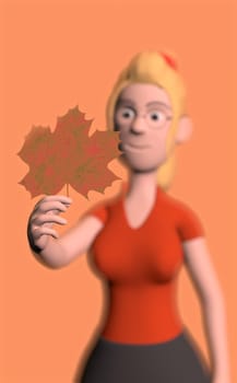 a girl with a large maple leaf in her hands on an orange background 3d-rendering.