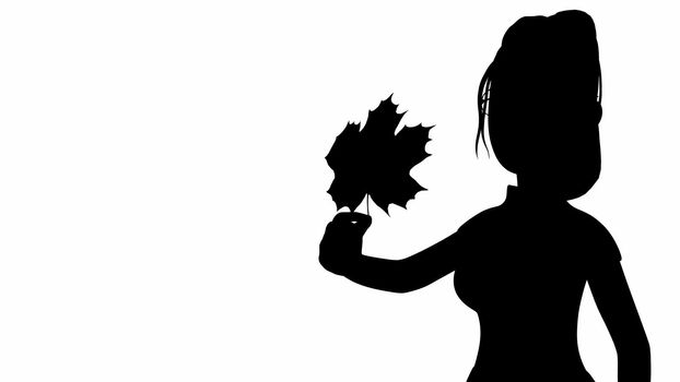 silhouette of a girl with a maple leaf in her hands on a white background 3d-rendering.