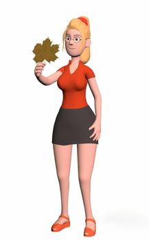 a girl with a large maple leaf in her hands on a white background 3d-rendering.