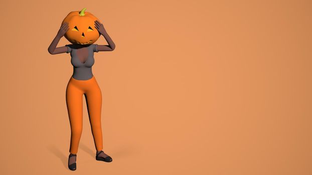 ck girl with a pumpkin on her head on an orange background 3d-rendering.