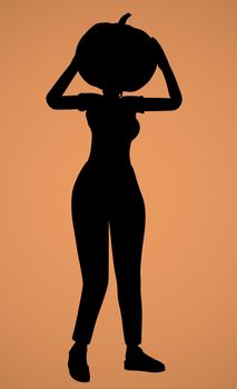 silhouette of a girl with a pumpkin on her head on an orange background 3d-rendering.