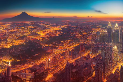 Cartoon drawing Cartoon drawing Kuala Lumpur Malaysia June Aerial view Panorama illustration of the Kuala Lumpur City of Malaysia Sunrise illustration , Anime style no watermark