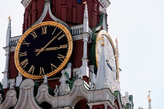Spasskaya Tower of Moscow Kremlin. Famous chimes are the main clock of Russia. Sights of Russia, a historical building, symbol of the country. A Popular Attraction In Moscow.