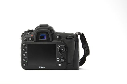 Nikon DSLR Camera Nikon D7200 isolated on white background. Detail photos of Nikon D7200 body with grip. 03.04.2021, Rostov region, Russia.