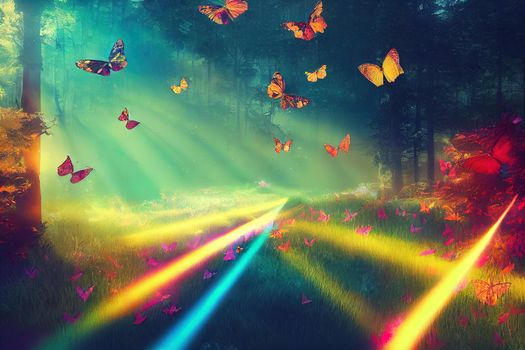 Fantasy forest with colorful butterflies flying among the rays of light. Photomanipulation. 3D rendering