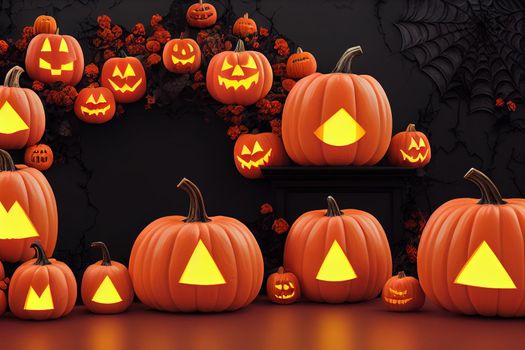 3D Halloween background pedestal podium on white, pumpkin display with gold and orange frame. Jack o lantern showcase, beauty cosmetic, product promotion. Abstract banner, spooky luxury 3D render