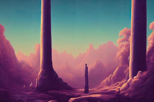 Fantasy art landscape with giant statue digital illustration