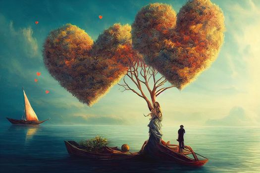 Heart tree on island with woman on a boat and man reflection ,surreal love concept artwork, imagination art, fantasy landscape painting, dreamlike illustration, love romantic concept