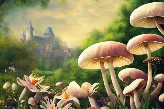 Floral summer fantastic landscape with lilies flowers and mushrooms . Beautiful old castle. Dreamy gentle wonder air artistic image. Summer template, artistic image, free space