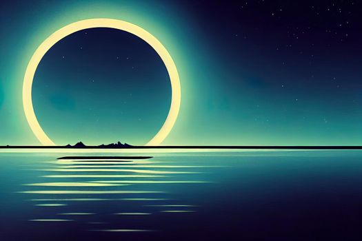 Futuristic night landscape with abstract landscape and island, moonlight, shine. Dark natural scene with reflection of light in the water, neon blue light. Dark neon circle background.
