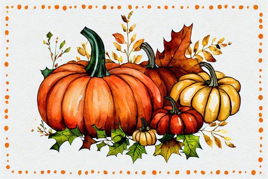 Floral pumpkin autumn arrangement. Watercolor illustration. Hand drawn rustic festive decor with pumpkins, flower, autumn leaves, berries. Thanksgiving harvest element. On white background
