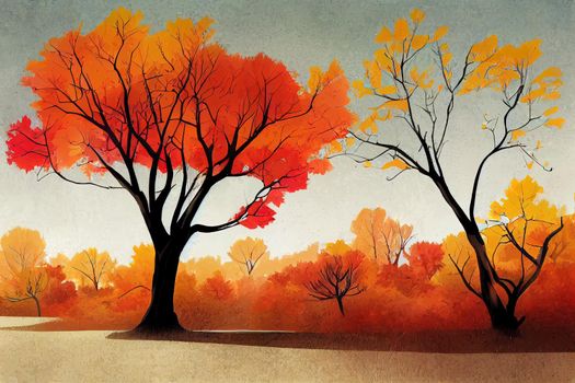 Hand drawn illustration of autumn tree and bushes. Background design with autumnal scene.