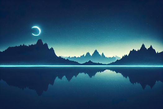 Night fantasy Futuristic landscape with abstract mountains and island on the water, moonlight. Dark natural scene with reflection of light in the water, neon blue light. Dark, dramatic forest. 3D