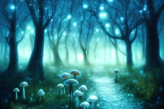 Fantasy mushroom and blue butterfly in fairy tale dreamy elf forest, fabulous fairytale deep dark wood and moon rays in night, mysterious nature background with magical glade in first winter snow.