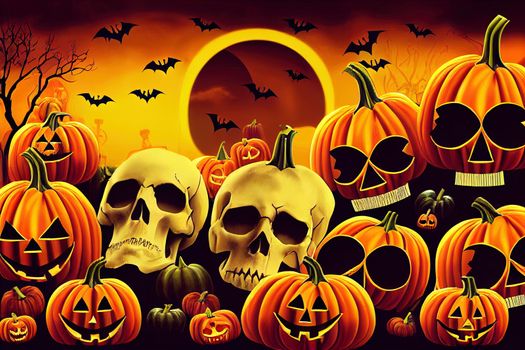 Halloween party poster with skeleton hand, skulls and cemetery. October autumn scary banner with pumpkins
