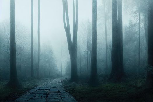 into the deep woods, atmospheric landscape with archway and ancient trees, misty and foggy mood