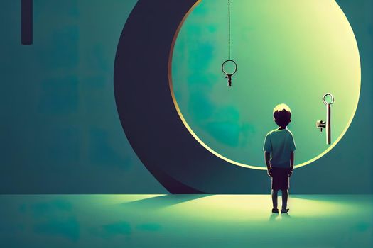 little boy standing in front of the keyhole with the green light and many keys floating around him, digital art style, illustration painting