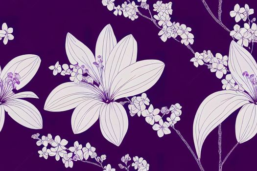 Plain floral drawing. Silhouettes of blooming lilac flowers in vintage style. Elegant seamless botanical pattern made of spring flowers. Nature ornament for textile, fabric, wallpaper, surface design.