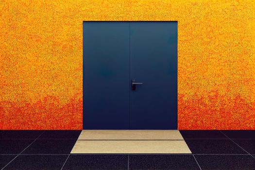Minimalist door with pumpkins and autumn leaves entering in concept of beginning of autumn. 3d rendering