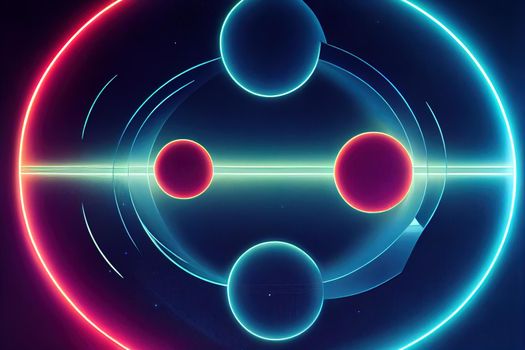 Modern futuristic neon abstract background. Large object in the center, space background. Dark scene with neon light. Reflection of light on a wet surface.