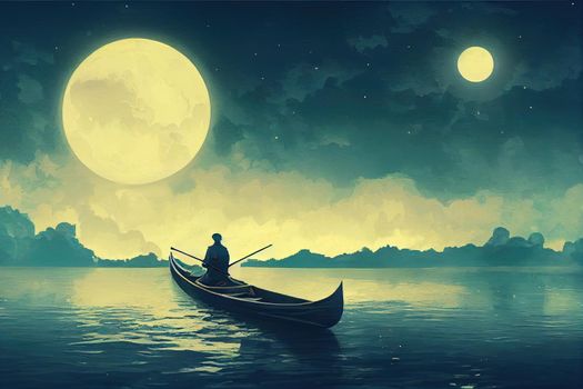 night scenery of a man rowing a boat among many glowing moons floating on the sea, digital art style, illustration painting