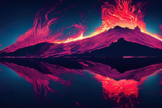 Night fantasy landscape with abstract mountains and island on the water, explosive volcano with burning lava, neon light. Dark Futuristic natural scene with reflection of light in the water. 3D