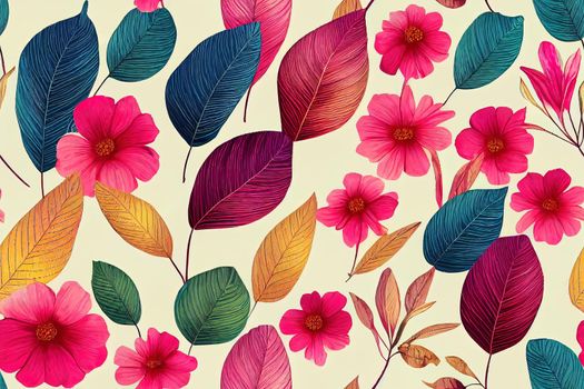 Seamless colorful floral pattern. Botanical illustration with leaves and flowers. Hand drawn digital painting background for fabric, wallpaper, invitation, etc.