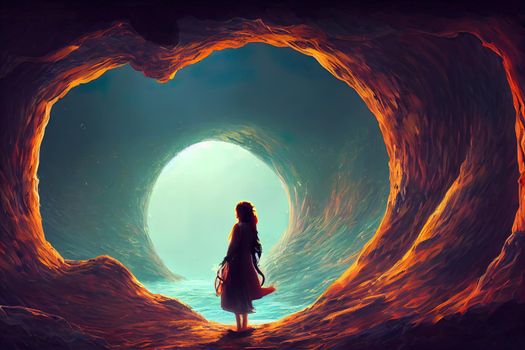 Love concept art woman with heart cave, imagination painting, 3d illustration, conceptual artwork, fantasy nature landscape