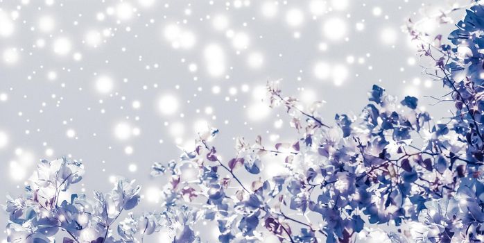 Magical, branding and festive concept - Christmas, New Years purple floral nature background, holiday card design, flower tree and snow glitter as winter season sale backdrop for luxury beauty brand