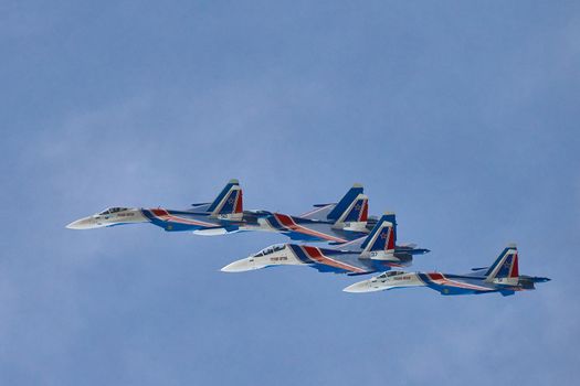 Performance of the aerobatic team Russian Knights, Russian Air Force. On planes Sukhoi Su-30SM, NATO code name: Flanker-C. International Military-Technical Forum Army-2020 . 09.25.2020, Moscow, Russia