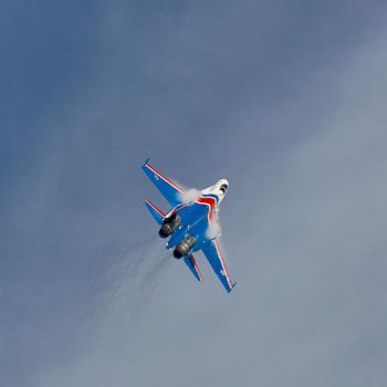 Performance of the aerobatic team Russian Knights, Russian Air Force. On planes Sukhoi Su-30S, NATO code name: Flanker-E. International Military-Technical Forum Army-2020 . 09.25.2020, Moscow, Russia.