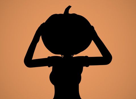 silhouette of a girl with a pumpkin on her head on an orange background 3d-rendering.