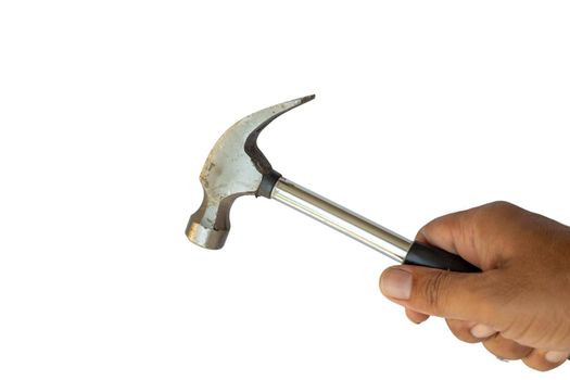 Holding hammer in hand on isolated white background