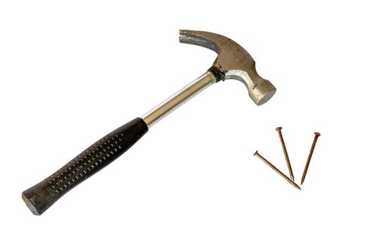 Hammer with black rubber handle with nails on white isolated background