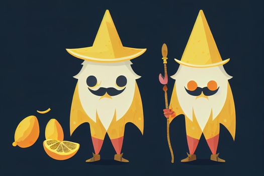 Cartoon ripe lemon fruit wizard or magician character. Funny sorcerer, magic personage in witch hat with wand. Smiling mustached citrus wiz with cute face. Tropical fruit enchanter necromancer