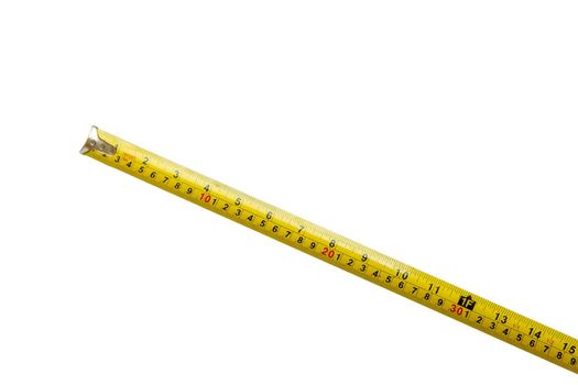 Yellow metal measuring tape on white isolated background