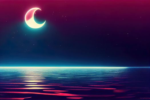 Abstract futuristic night seascape fantasy with moon and light reflection in water. Dark natural empty stage, neon light, background. 3D illustration.