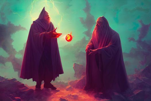 the angry wizard of evil spirits holds a magic gem cast a spell, digital art style, illustration painting