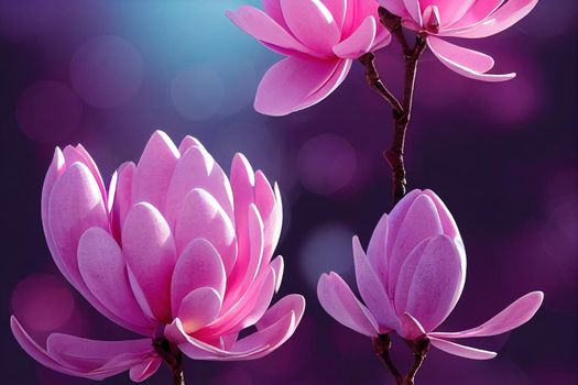 Blooming pink magnolia flower on fantasy mysterious blue background with shining glowing bokeh, fabulous spring fairy tale floral garden, amazing magnificent nature