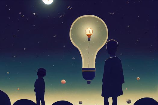 boy pulled the big bulb half buried in the ground against night sky with stars and space dust, digital art style, illustration painting