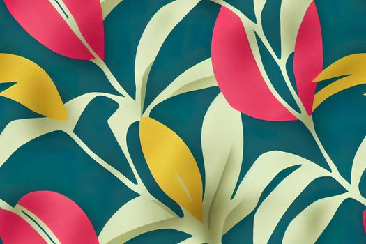 Seamless pattern of a tropical artwork, with multicolored hand drawn elements and funny background. Monstera pattern perfect for fashion and decoration