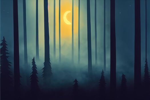 Dark forest. Gloomy dark scene with trees, big moon, moonlight. Smoke, shadow. Abstract dark, cold street background. Night view.