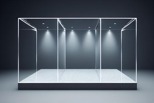 Empty glass exhibition stand, platform, showcase for products. Podium, platform for cosmetics, advertising, business 3D, render. Autumn natural background with branches, flowers and leaves.