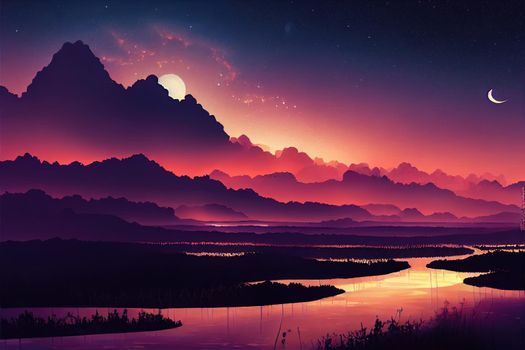 beautiful night evening fantasy anime landscape