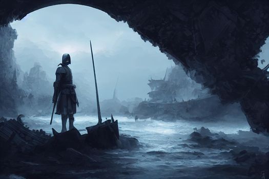 a warrior standing at the abandoned port and looking at the broken giant sword, digital art style, illustration painting