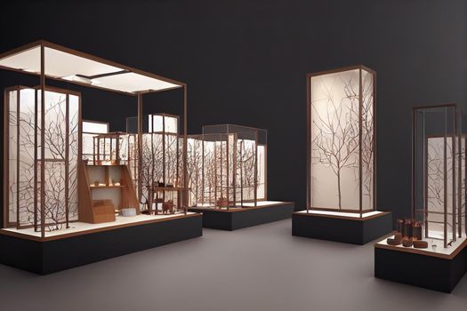 Empty glass exhibition stand, platform, showcase for products. Podium, platform for cosmetics, advertising, business 3D, render. Autumn natural background with branches, flowers and leaves.