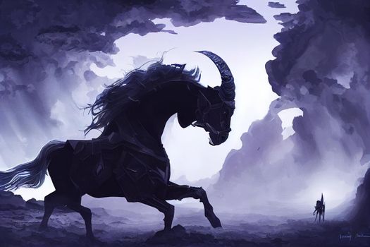 the futuristic knight on a black unicorn entering the broken portal to another world, digital art style, illustration painting
