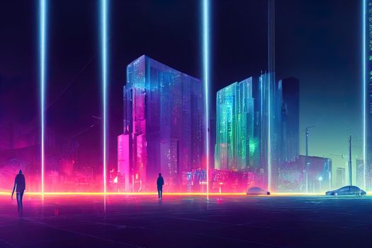 3D Rendering of neon mega city with light reflection from puddles on street heading toward buildings. Concept for night life, business district center (CBD)Cyber punk theme, tech background